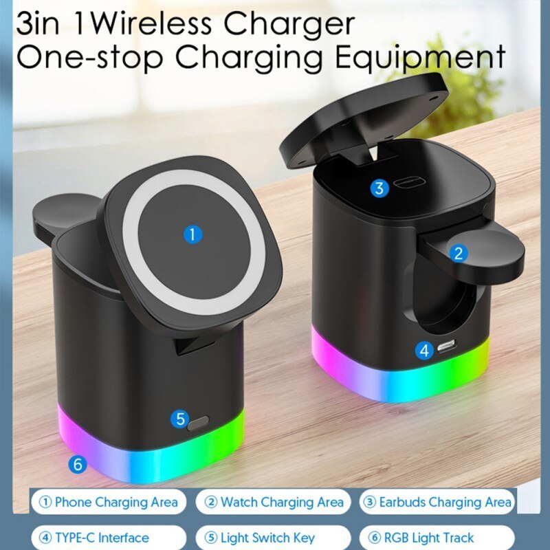 3 in 1 Magnetic Wireless Fast Charger For Smart Phone, Airpods & Watch