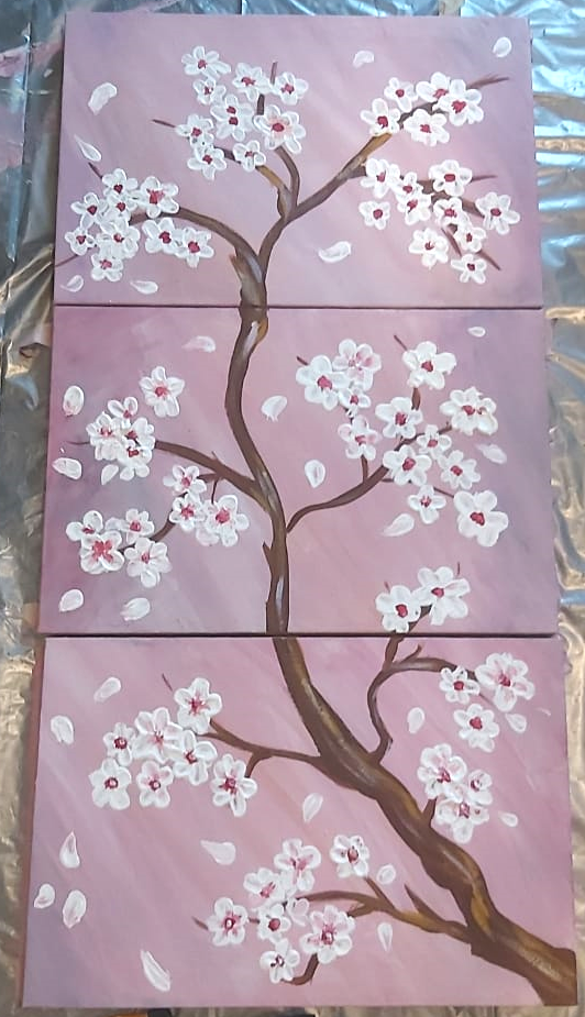 Hand-made Tree branch with White Flowers Painting - 3 Segments