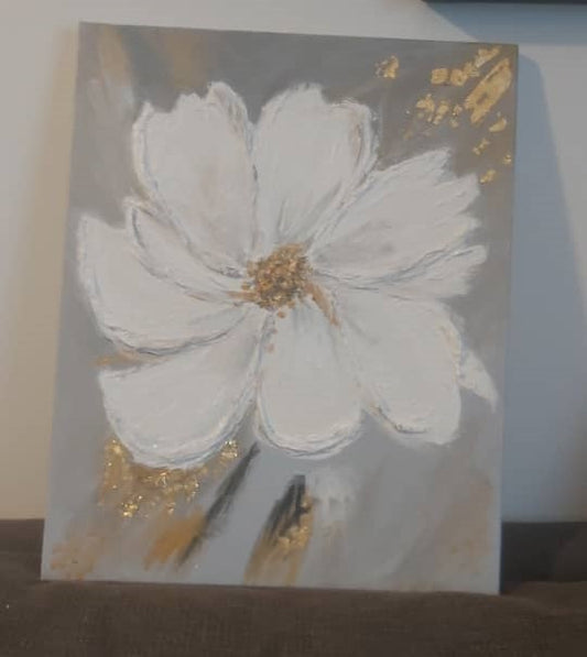 Hand-made White Flower Painting with a Golden Touch
