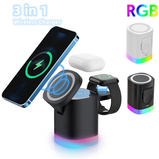 3 in 1 Magnetic Wireless Fast Charger For Smart Phone, Airpods & Watch